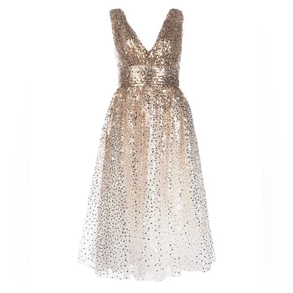 Gorgeous Sparkly Marchesa Notte Gold Sequin V Neck Midi Dress Size 4 NWT Luxury - Picture 5 of 9